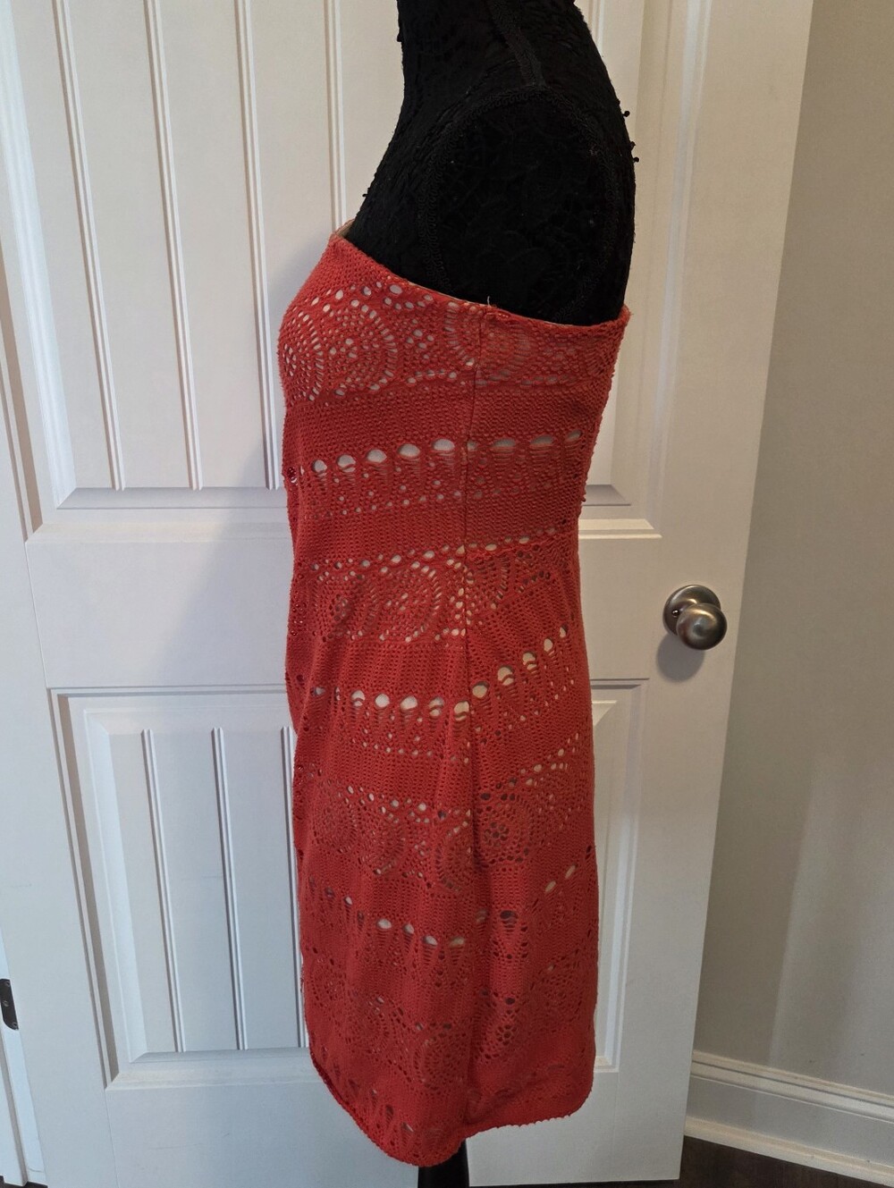 Free People Oceanside Strapless Ruched Dress Sz Med Crochet Lace Red Orange - Picture 3 of 12
